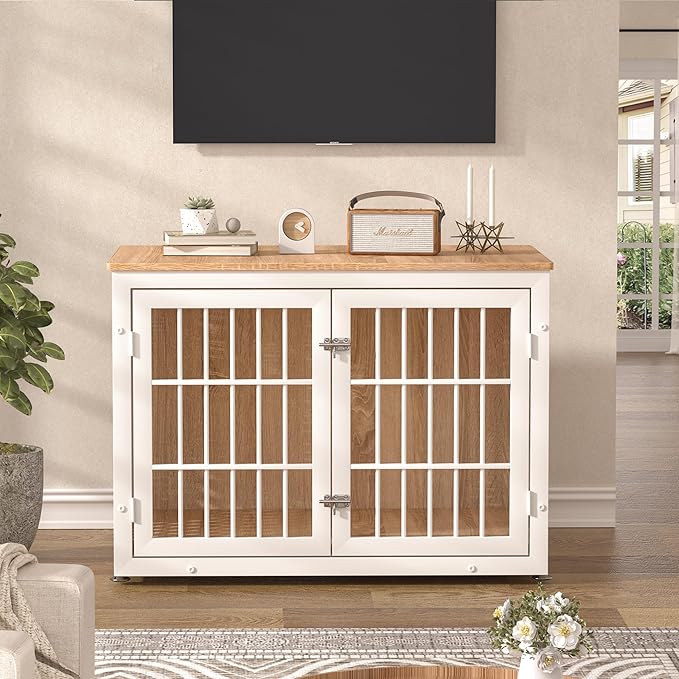 rehomerance 38" Heavy Duty Dog Crate Furniture for Large and Medium Dogs,Wooden Metal Kennel for High Anxiety Dogs, Chew Proof Pet Cage Indoor, Decorative Dog Kennel End Table, White
