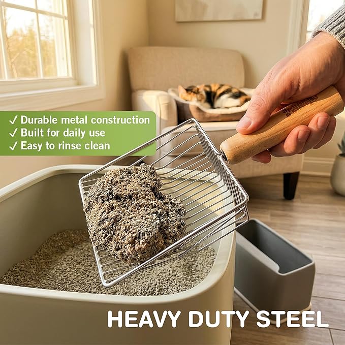 Sprinkle & Sweep: Litter Box Speed Shifter - 2 Pack - Metal Scoop, Comfortable Wood Grip, Washable Stand, Efficient Cleaning, Cat & Pet Maintenance