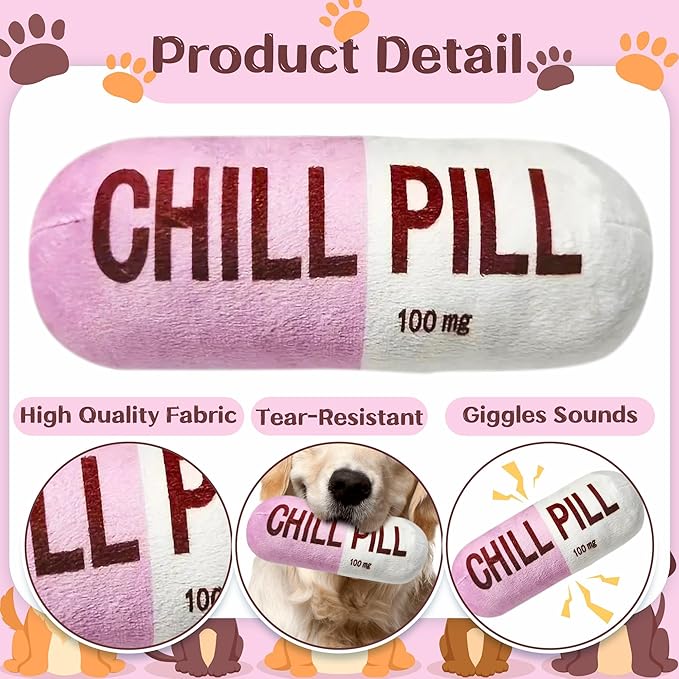 CUweipeng Funny Dog Squeaky Toy - Pink Chill Pill Capsule Shaped Teething Squeak Plush Pet Toy Bite Kick Indoor Interactive Training Play Supply for Small Dog Cat Present Pet Lover Gift Photo Props