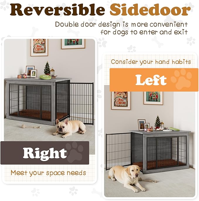 Dog Crate Furniture with Thick Cushion, Side End Table Wooden Dog Cage with Double Doors, Chew-Resistant Dog Kennel Dog House Indoor for Small to Large Dog