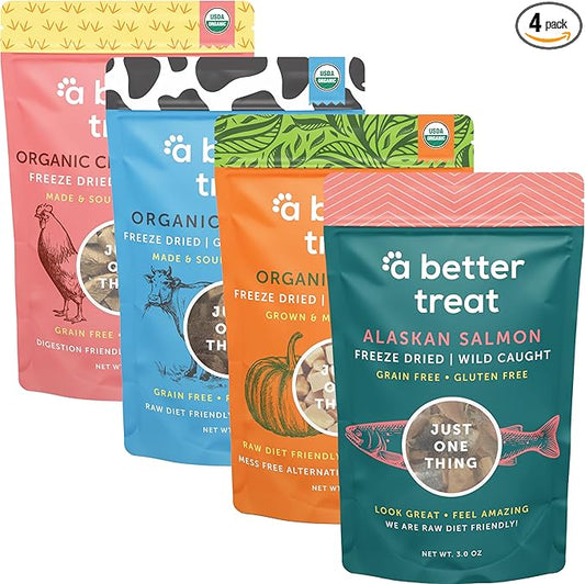 A Better Treat – Freeze Dried Organic Pumpkin, Wild Caught Salmon, Organic Grass Fed & Finished Pasture Raised Beef, Organic Chicken Dog and Cat Treats | Healthy, Diabetic Friendly | Made in The USA