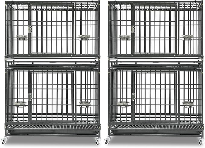 Homey Pet Two Tiers 37 Inch Dog Crate Cage Kennel with Feeding Bowls, Lockable Wheels and Removable Tray, Escape Proof Metal Wire Heavy Duty Dog Crates for Medium/Small Sized Dogs (2 Pack)
