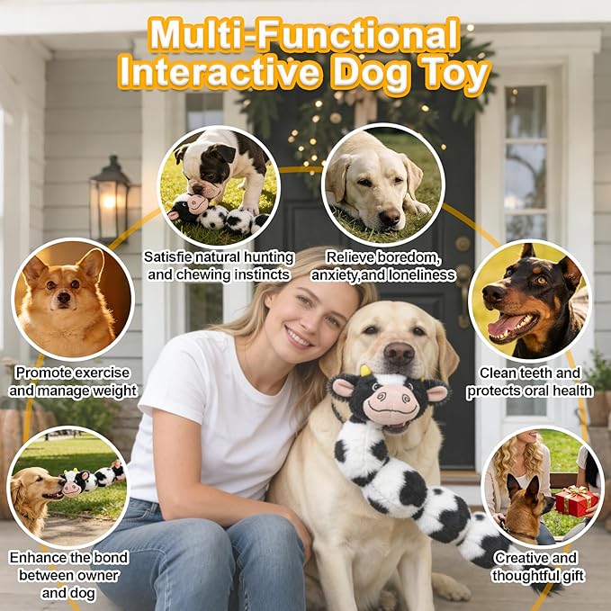 Cow Long Plush Squeaky Dog Toy for Chewers Puppy Teething Chew Toy Cute Soft Funny Durable Stuffed Animal Interactive Tug-of-War Dog Toy for Small Medium Large Dogs Toy Gift 52cm/20.47in