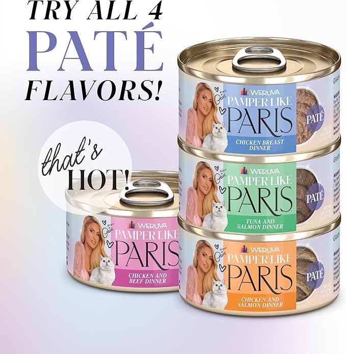 Weruva Paris Hilton Pamper Like Paris Natural Grain Free Wet Cat Food, Chicken and Salmon Paté, 2.47oz Can (Pack of 12)