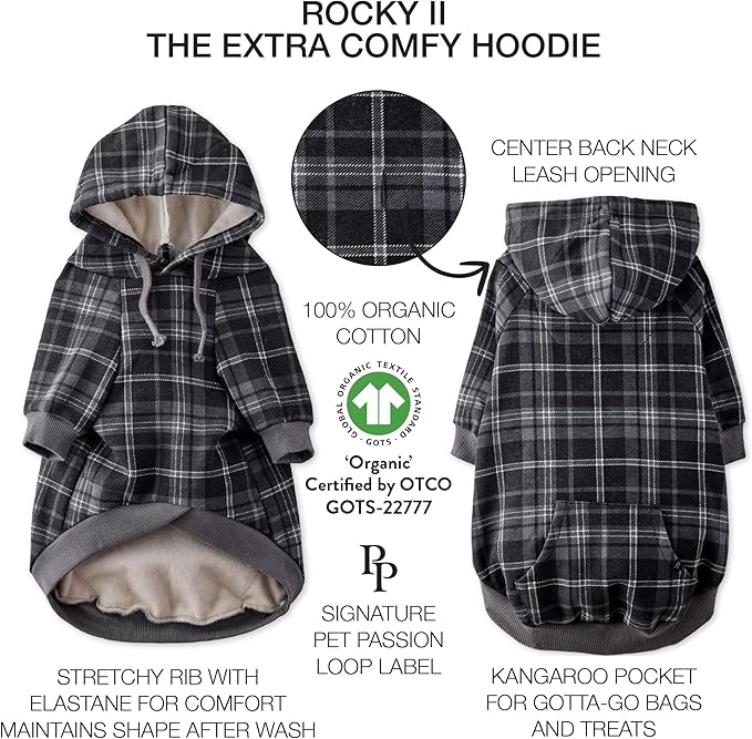 Pet Passion Rocky II - The Extra Comfy Hoodie, Organic Cotton and Recycled Poly Dog Hoodie Pet Coat Sweater for Small, Medium, Large Dogs, Black Sand Plaid, Small