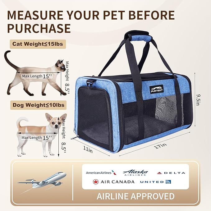 TSA Pet Carrier Airline Approved for Small Cats and Puppy, Cat Carrier Soft Fits Pets Up to 15 lbs, Dogs Carrier Bag with Litter Box Foldable, Ideal for Travel, Car Rides, and Vet Visits