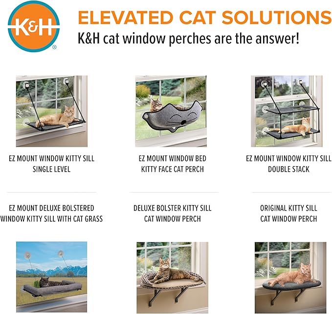 K&H Pet Products Universal Mount Cat Window Perch Bed for Large Cats, Orthopedic Window Hammock Holds 60 lbs, Sturdy Suction Cups, Washable Cover, Indoor Windowsill Furniture Bed - 14 X 24in Fleece