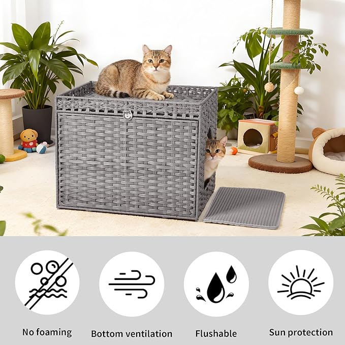 PeakPursuit Rattan Litter Box Enclosure Hidden Cat Furniture with Removable Litter Mat, Natural Cat House End Table, Easy Assembly, 27.5" l x 20.5" w x 22" h Grey