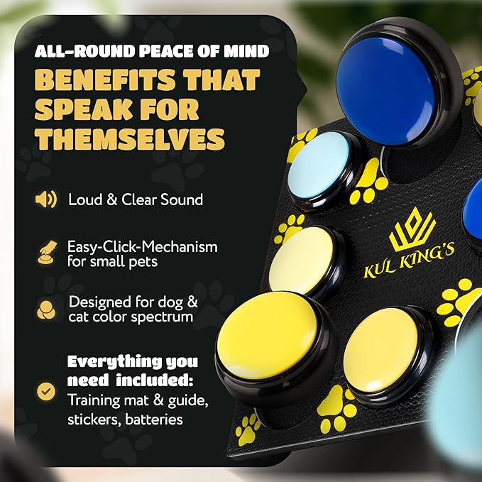 KUL KING'S Waterproof & Non-Slip Dog Command Buttons - 8 Recordable Buttons with Special Training Mat & Guide, Batteries, Stickers - Talking Dog Buttons for Communication