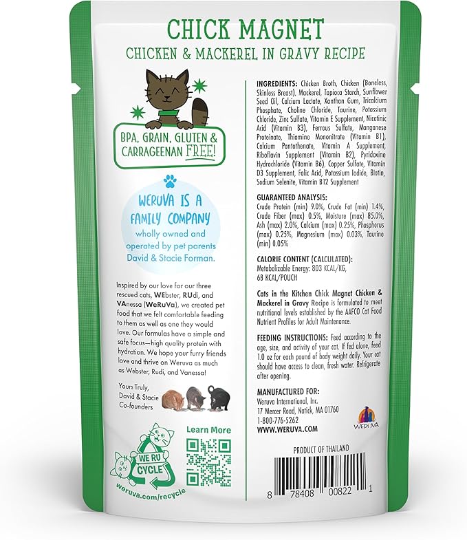 Weruva Cats in the Kitchen, Chick Magnet with Chicken & Mackerel in Gravy Cat Food, 3oz Pouch (Pack of 12)