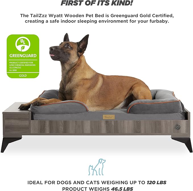 Wooden Dog Bed with Mattress, Large to Extra Large Water-Resistant Elevated Pet Bed, Wooden Pet Bed with Storage, Greenguard Gold Certified, Machine Washable, Smokey Grey, Wyatt - TailZzz