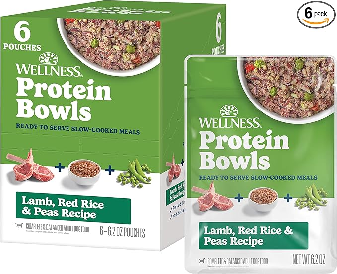 Wellness Protein Bowls Adult Wet Dog Food, Fresh Alternative, Wholesome Grains, Natural, Lamb, Red Rice, and Peas Recipe, 6.2 oz, Pack of 6 Pouches