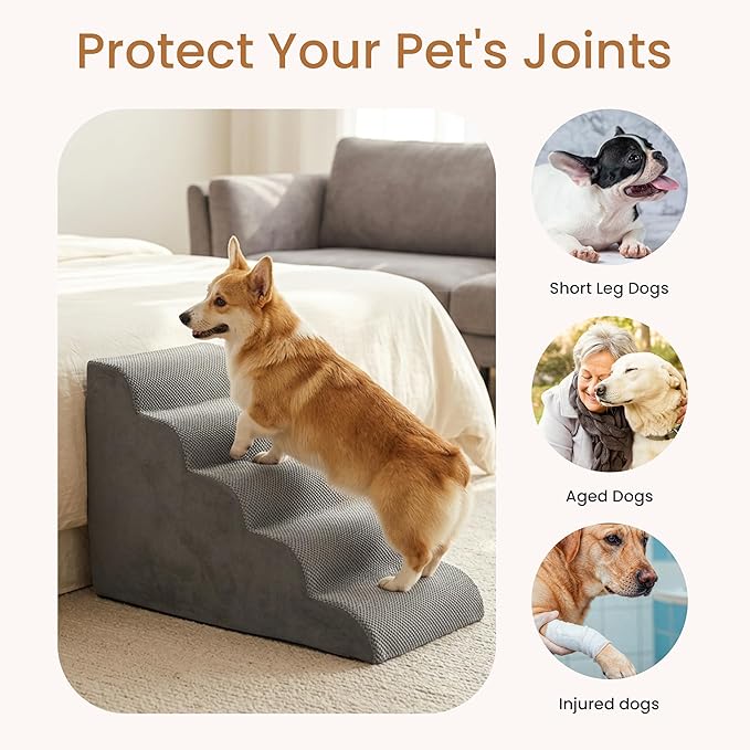HealSmart Dog Stairs for Small Dogs, 5-Step Curved Design Pet Steps for Puppies & Senior Cats, High-Density Foam Indoor Non-Slip Ladder, Perfect for Sofa Couch and Chair Furniture Access, Gray