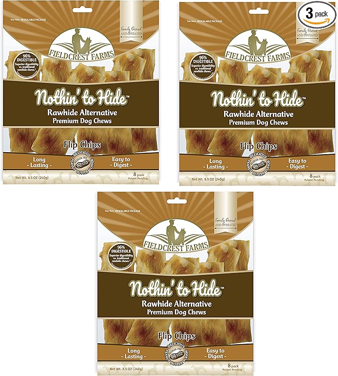 Fieldcrest Farms Nothin to Hide Flip Chips Dog Chews - All Natural Rawhide Alternative Treats for Dogs, Chicken, Beef or Peanut Butter Flavor Snack for All Breed Dogs - 3 Pack (Peanut Butter)