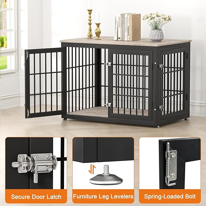 rehomerance 32 Inch Heavy Duty Dog Crate Furniture for Medium and Small Dogs, Decorative Pet House End Table, Wooden Cage Kennel Furniture Indoor, Grey
