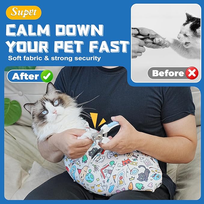 Supet Cat Grooming Wrap for Cutting Nails, 2026 Self-Adherent Cat Wrap, Anti-Escape Calming Cat Swaddle Wrap for Medicine, Nail Clipping, Teeth Brushing, Ear Cleaning (Cartoon, L)