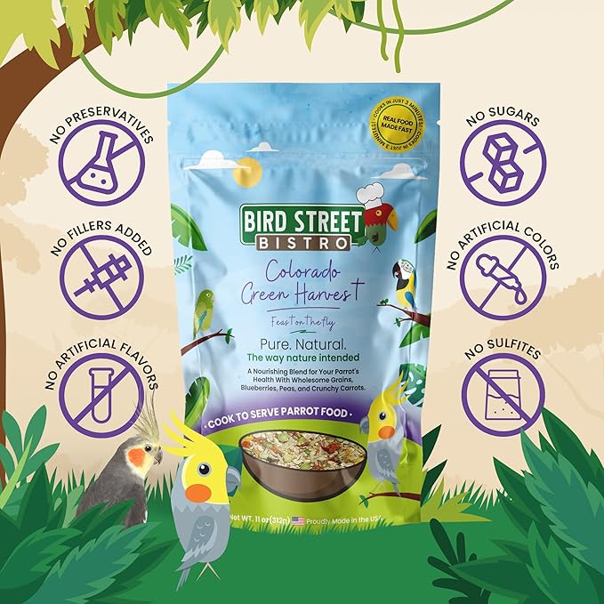 Bird Street Bistro Parrot Food - Parrot Food - Cooks in 3-15 min w/Natural Whole Grains, Legumes, Non-GMO Fruits, Vegetables & Health-Oriented Spices.