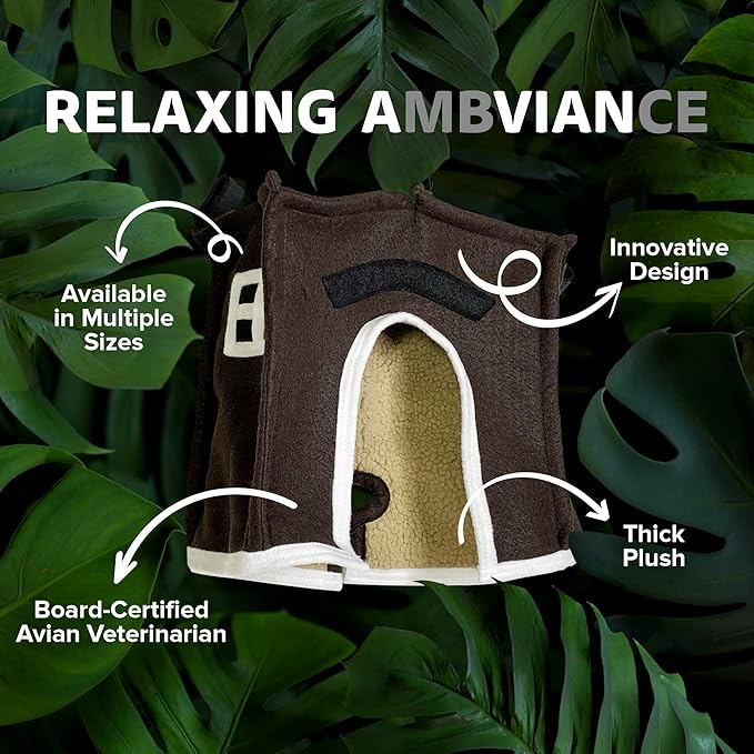Crazy K Farm - Avian Haven Bird Hut, Comfy Bird Snuggle Hut, Plush Pet Bird Hut for Sleeping and Snuggling, Hanging Bird Cage Hut with Sherpa, Cozy Bird Cage Accessories, Extra Large, Brown