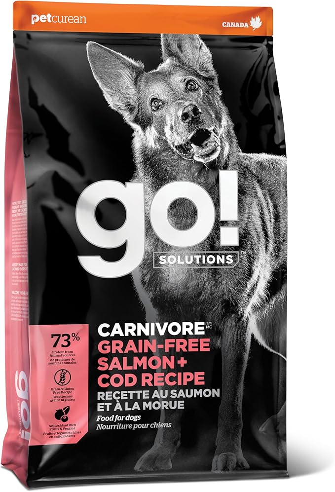 Go! Solutions Carnivore Salmon + Cod Grain-Free Dry Dog Food, Our Highest-Protein Kibble Made with Real Meat & Fish, Chicken-Free Recipe, for Puppies, Adults & Seniors, 12 lb Bag