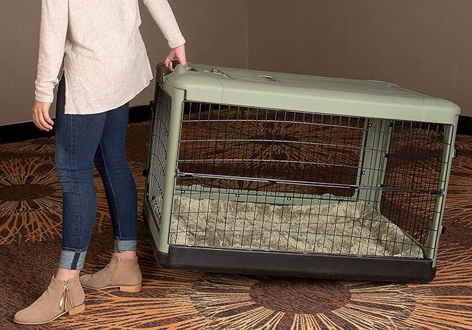 Pet Gear “The Other Door” 4 Door Steel Crate for Dogs/Cats with Garage-Style Door, Includes Plush Bed + Travel Bag, No Tools Required, Sage, 42 Inch