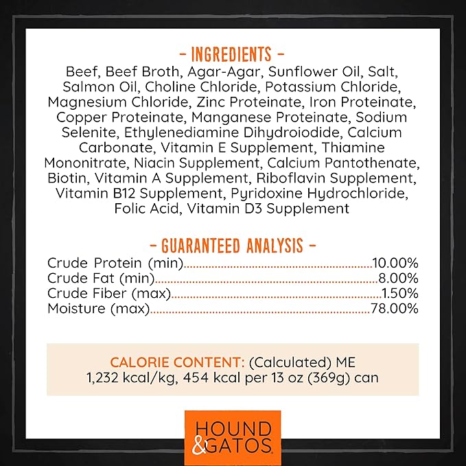 Hound & Gatos Wet Dog Food, 98% Real Meat, Single Protein Beef Recipe, Supports Digestive Health, High Protein, Limited Ingredients, Grain Free 13 oz. Cans (Pack of 12)