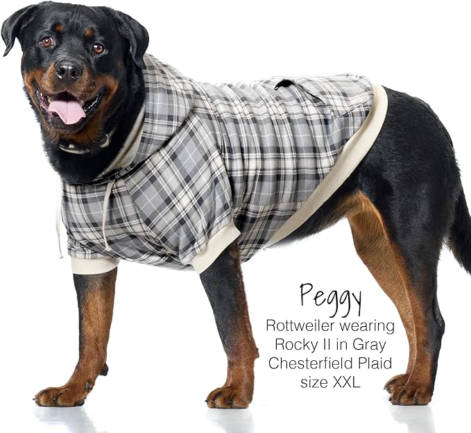 Pet Passion Rocky II - The Extra Comfy Hoodie, Organic Cotton and Recycled Poly Dog Hoodie Pet Coat Sweater for Small, Medium, Large Dogs, Gray Chesterfield Plaid, XX-Large