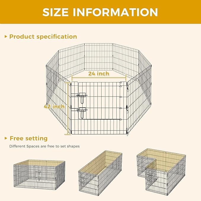 PAWZ Road Dog Playpen Foldable Metal Dog Fence with Door, Outdoor for Yard and Indoor Use Portable Design for RV and Camping- 8 Panels (24" Wide Each), 42 inch Height for Small Dogs Puppy Large Dogs