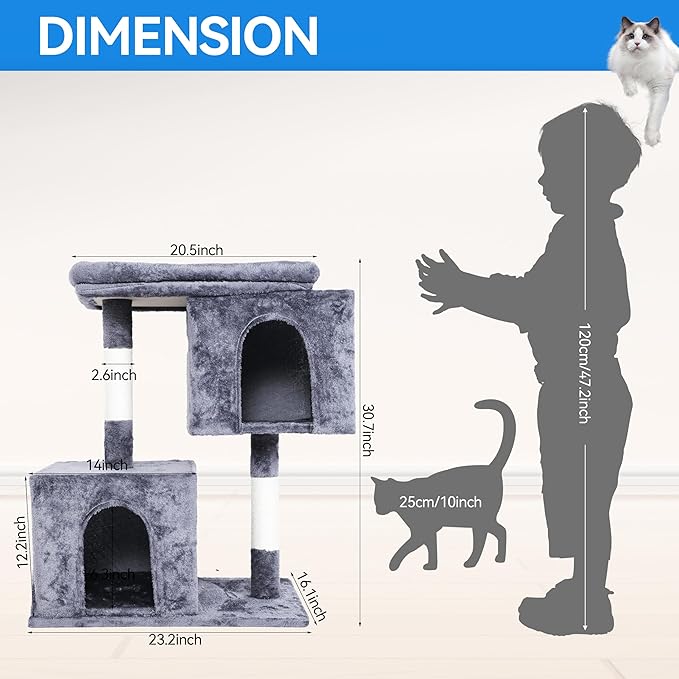 Cat Tree Tower 31 inch, 2 Plush Cat Condos, Cat Tree for Indoor Cats, Cat Scratching Post, Cat Post Scratcher with Perch, Small Cat Tower, Cat Furniture for Adult Cats, Grey