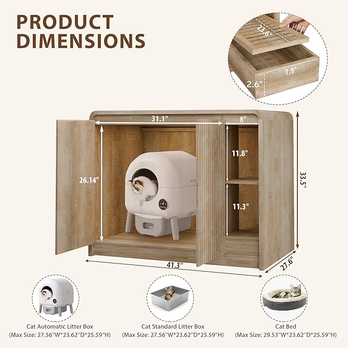 Cat Litter Box Enclosure for Automatic Litter Box, Litter Box Enclosure with Litter Collector and Power Outlet, Large Cat House with Adjustable Shelf for Dog Proof, Side Table, Natural