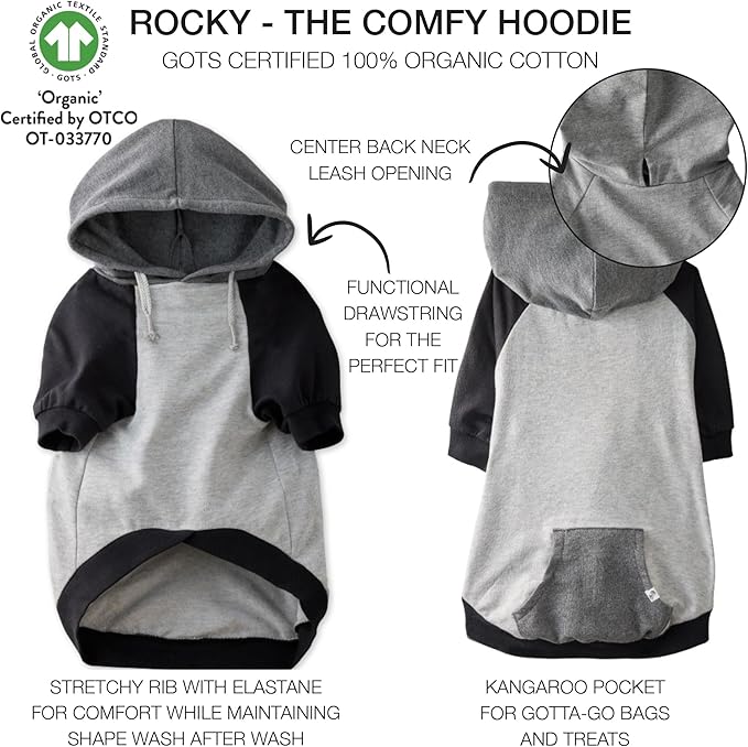 Pet Passion Rocky – The Original Lightweight Hooded Tee 100% Organic Cotton Dog Hoodie Pet Coat Sweater for All Sized Dogs, Heather Gray Color Block, X-Small (5-12 lbs)