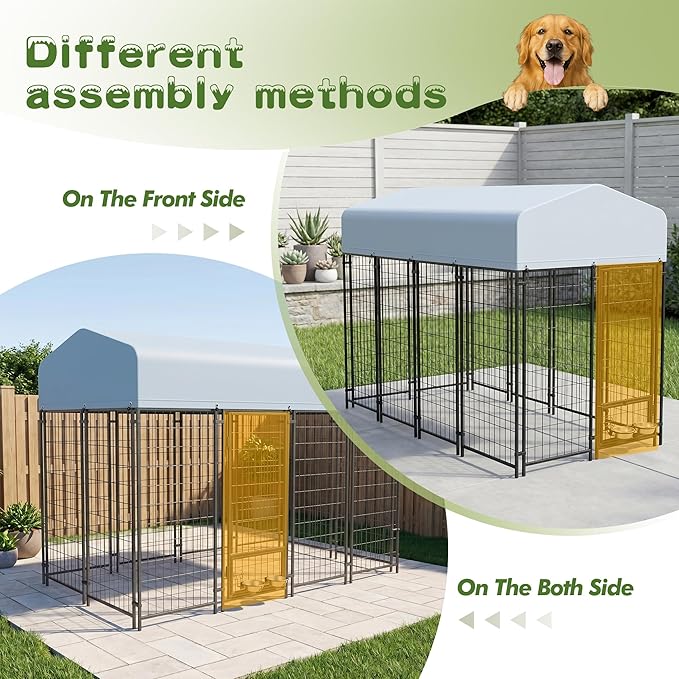 8x4x6 FT Dog Kennel Outdoor for Large Dogs,Dog Enclosure Dog Cage Pet House with UV-Resistant Waterproof Cover,Double Safety Locks,Rotating Feeding Bowls