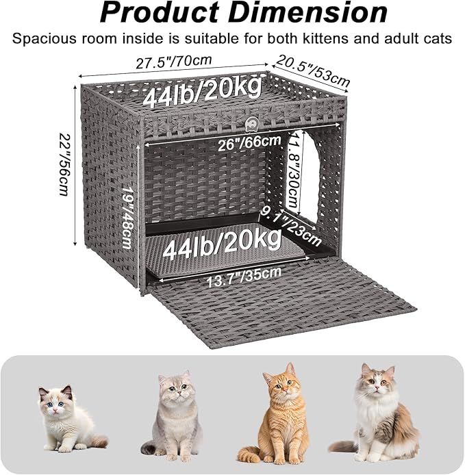 PeakPursuit Rattan Litter Box Enclosure Hidden Cat Furniture with Removable Litter Mat, Natural Cat House End Table, Easy Assembly, 27.5" l x 20.5" w x 22" h Grey