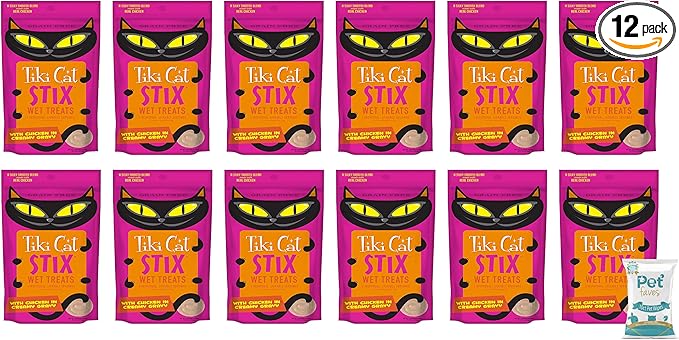 (12 Pack, 72 Stix) Tiki Pets Cat Stix Wet Treats Topper, Grain Free Lickable Smooth Blend with Chicken in Creamy Gravy with 10ct Pet Wipes