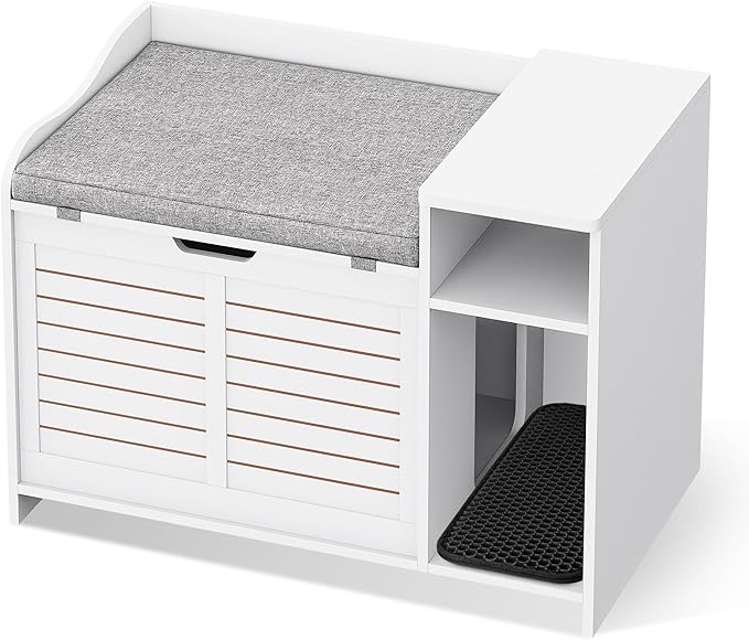 Cat Litter Box Enclosures Large Hidden Cat Litter Box Furniture Enclosure w/Top Opening Door, Wooden End Table Pet House w/Storage Shelf, Cushion & Mat, Dog Proof Design for Easy Cleaning