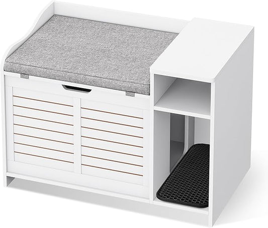 Cat Litter Box Enclosures Large Hidden Cat Litter Box Furniture Enclosure w/Top Opening Door, Wooden End Table Pet House w/Storage Shelf, Cushion & Mat, Dog Proof Design for Easy Cleaning