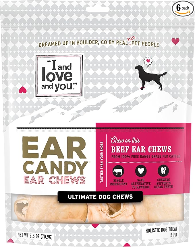 I and love and you Ear Candy Cow Ear Chews - Beef - Rawhide Alternative, Single Ingredient, Free Range Grass Fed Beef, 5ct