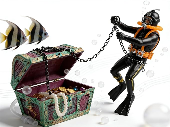 Resin Live-Action Aerating Aquarium Ornament, Undersea Treasure Chest with Diver, Air Bubbler Fish Tank Decor for Freshwater Saltwater Aquascape & Aquatic Pet Hideout