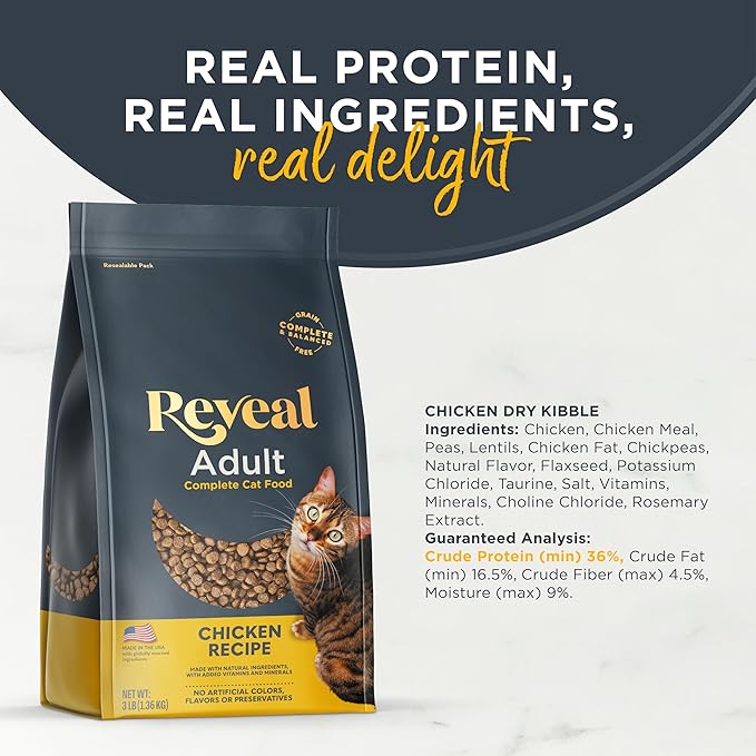 Reveal Natural Adult Dry Cat Food, High Protein, Grain Free with Added Vitamins & Minerals, Complete & Balanced Nutrition for Cats, Chicken Recipe (3 Pound Bag) (Pack of 2)