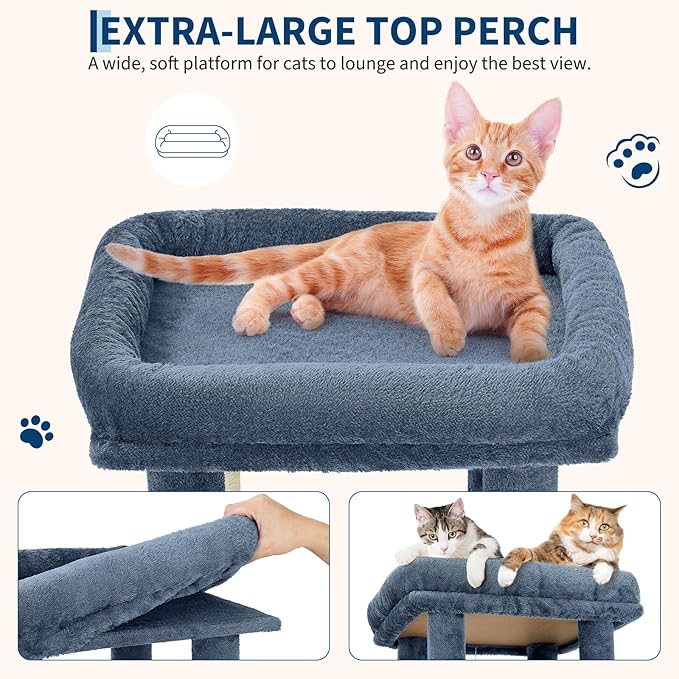61.4 Inch Cat Tree, Large Cat Tower with Sisal Scratching Posts, 2 Spacious Cat Beds, Hanging Ball & Top Perch, Ideal for Large Indoor Adult Cats, Light Blue