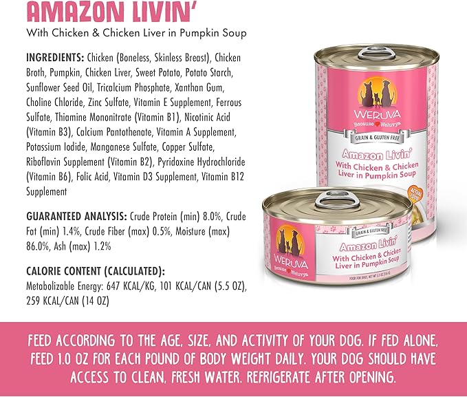 Weruva Classic Dog Food, Amazon Livin' with Chicken Breast & Chicken Liver in Pumpkin Soup, 14oz Can (Pack of 12)