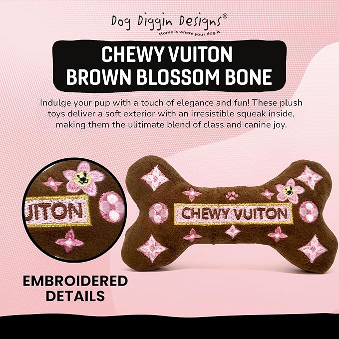 Dog Diggin Designs Chewy Vuiton Brown Blossom Plush Dog Toy Bone | Luxury-Inspired Parody Designer Bone with Squeaker, Soft Plush Chew & Play Dog Toy – Prêt-à-Porter Play!