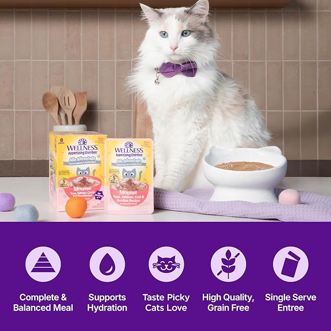 Wellness Appetizing Entrées Age Advantage Mousse Senior Wet Cat Food, Natural, Protein Rich, Grain Free, Tuna, Salmon, Cod, and Sardine Recipe, 1.4 oz, Pack of 8 Pouches
