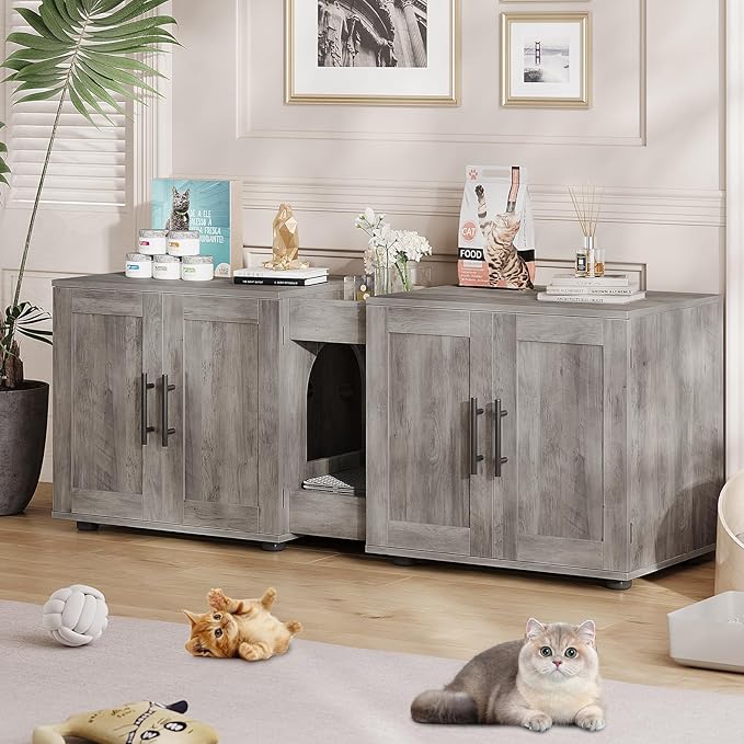 Cat Litter Box Enclosure for 2 Cats,55" Large Hidden Litter Box Furniture with Barn Door & Double Rooms,Modern Indoor Pet House TV Stand Side Table,Cats Washroom,for Bedroom Living Room,Grey