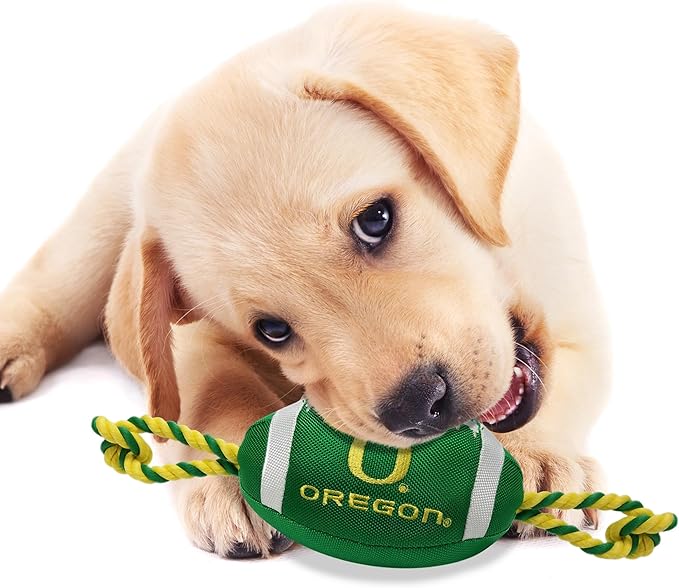 NCAA Oregon Ducks Football Dog Toy, Tough Quality Nylon Materials, Strong Pull Ropes, Inner Squeaker, Collegiate Team Color