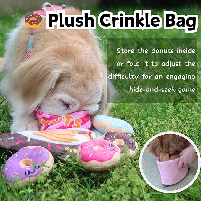 CECE PAW Donut Snuffle Toys, Squeaky Crinkle Interactive Dog Toys, Dog Enrichment Treat Puzzle for Boredom and Mental Stimulation, Puppies, Small and Medium Dogs (Plush Bag)