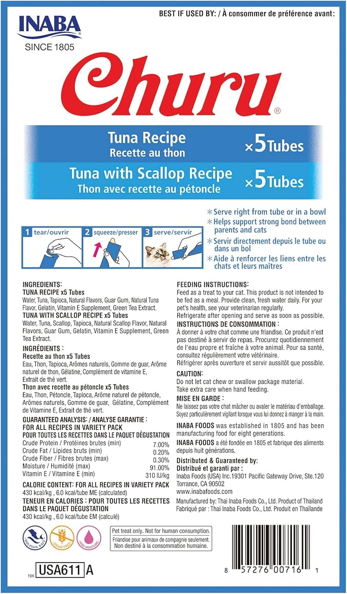 INABA Churu Cat Treats, Grain-Free, Lickable, Squeezable Creamy Purée Cat Treat/Topper with Vitamin E, Taurine, & Green Tea, 80 Tubes, Tuna and Scallop Variety Box