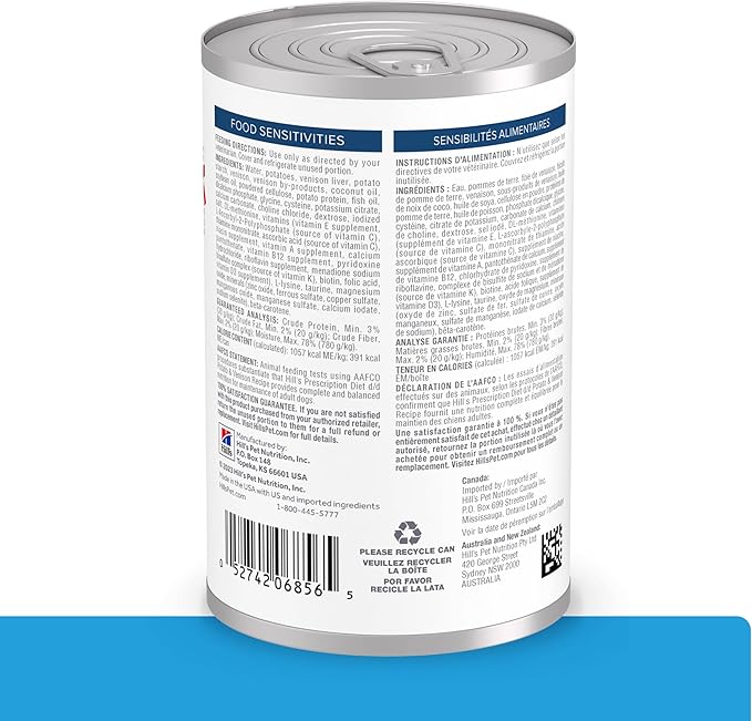 Hill's Prescription Diet d/d Food Sensitivities Wet Dog Food, Potato & Venison, 13 oz. Cans, 12-Pack