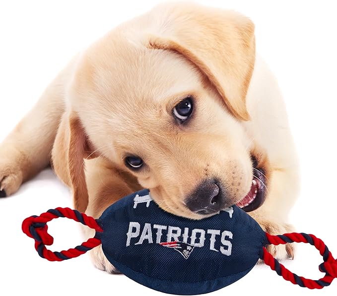 Pets First NFL New England Patriots Football Dog Toy, Tough Quality Nylon Materials, Strong Pull Ropes, Inner Squeaker, NFL Team Color