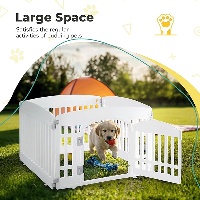 24" Plastic Dog Playpen 4-Panel Durable Pet Playpen for Puppies & Small/Medium Dogs, Portable & Foldable Pet Fence with Secure Locking Door, White