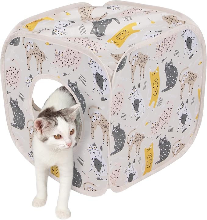 Kitty City Cat Print Pop-Up Play Cube, Collapsible Indoor Hideout with Peekaboo Openings, Lightweight Foldable Cube for Play & Lounging, Pink